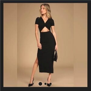 Lulu’s Twist front midi black ribbed fitted dress in size XS. EUC.